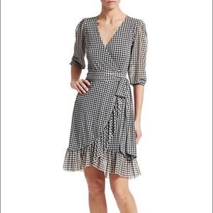 Ganni Gingham Ruffle Wrap Mesh Mini Dress